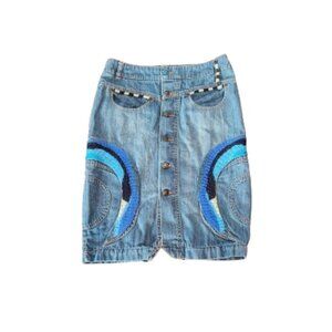 Oilily Boho Button Down On-Knee Embroidered Denim Pencil Skirt.